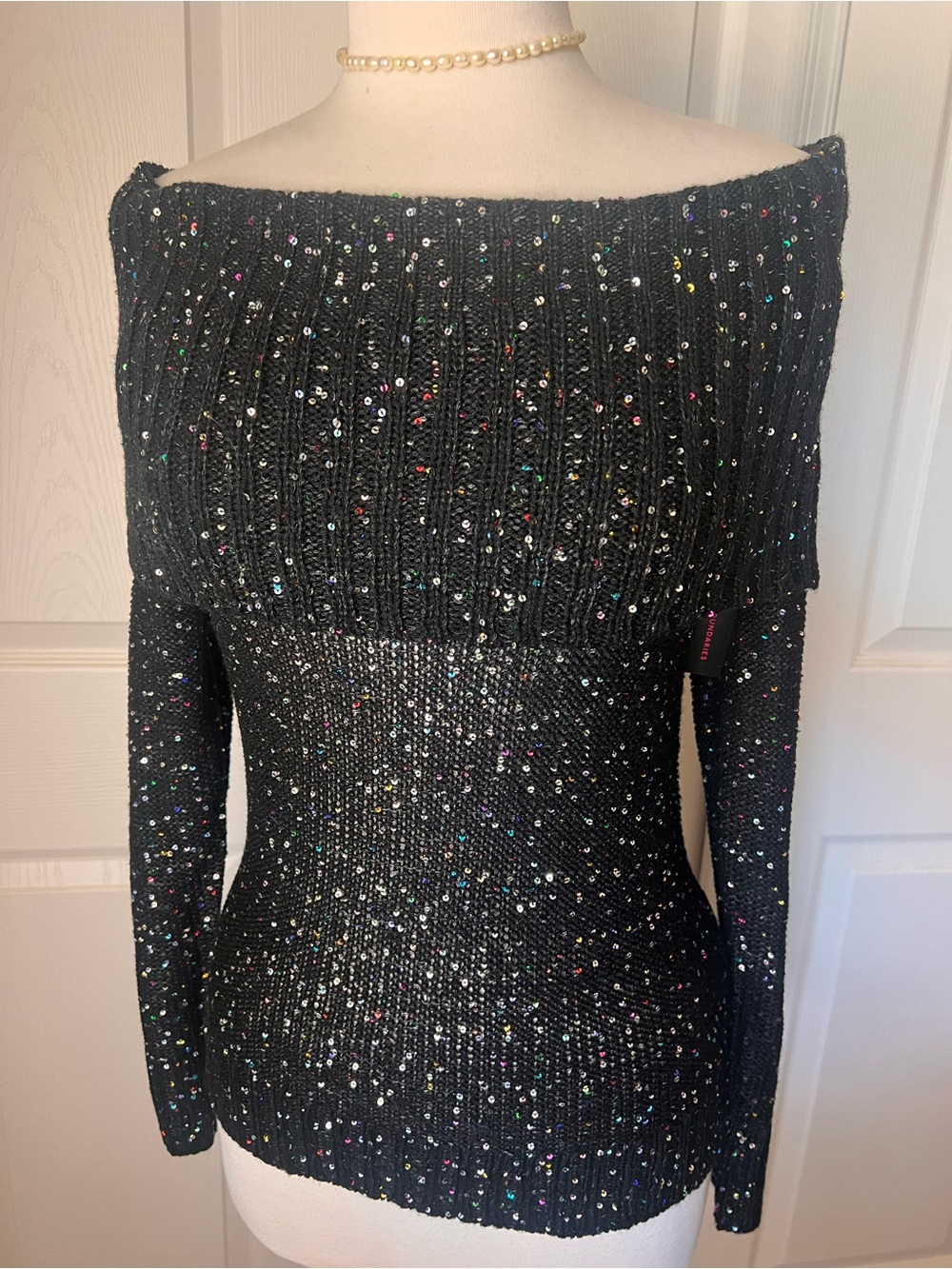 No Boundaries Black Off-Shoulder Sequin Knit Top